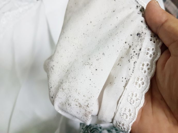 Un tissu blanc avec des détails en dentelle, couvert de taches noires de moisissure ou de saleté. 
