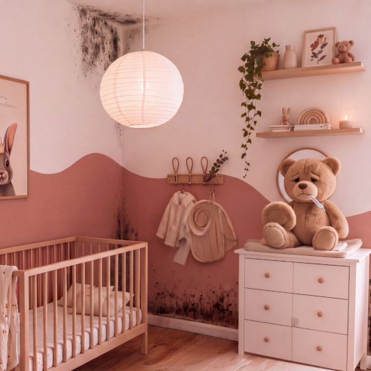 Babykamer met vochtproblemen op de muur. 