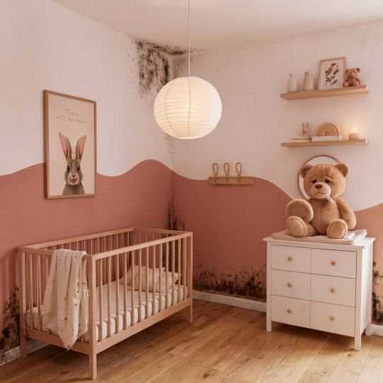 Babykamer met vochtproblemen op de muur. 