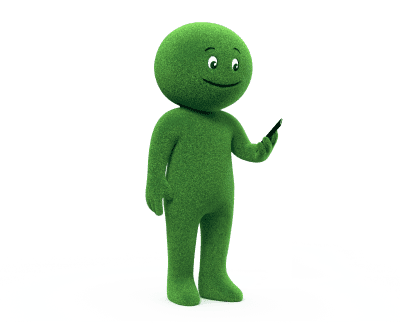 Petit personnage vert sympathique - la mascotte de Cetelem - avec un GSM en main