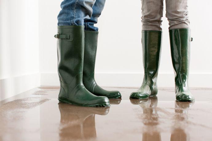 Deux personnes sont debout sur un sol mouillé et portent des bottes en caoutchouc