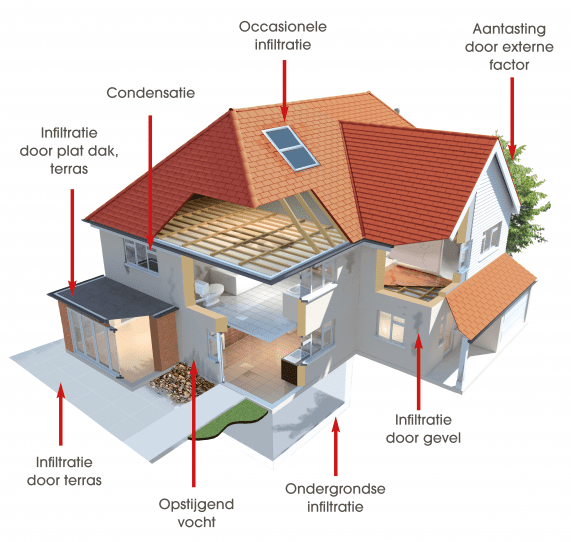 De verschillende soorten vochtproblemen aangeduid op een illustratie van een huis