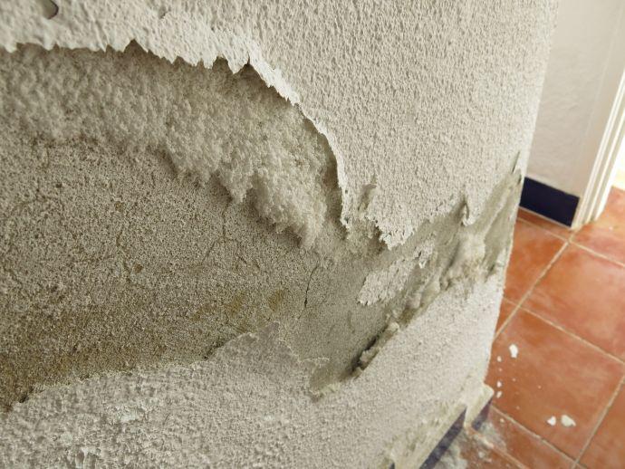 Mur humide avec salpêtre et peinture qui s’écaille